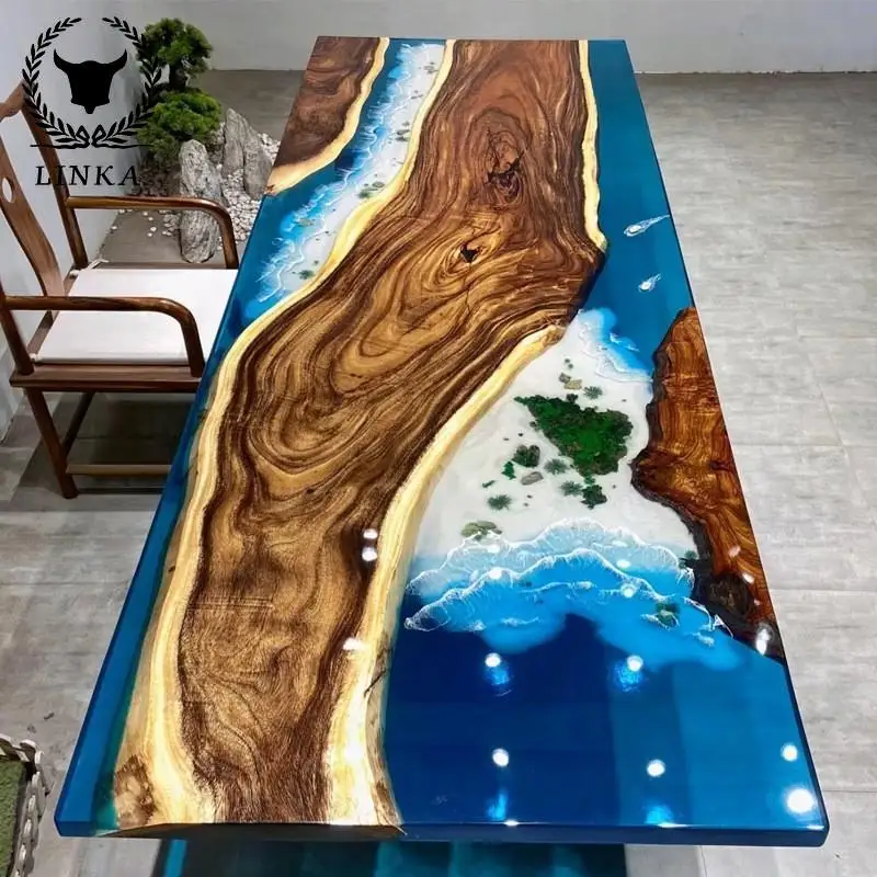 Custom Epoxy resin river table walnut solid wood large board transparent creative coffee tea log resin dining Outdoor  Modern  t