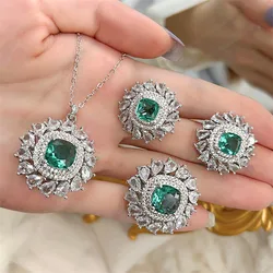 Temperament Retro Green Zirconia Adjustable Ring/Necklace/Earrings Jewelry Sets for Women's Birthday Party Luxury Accessories