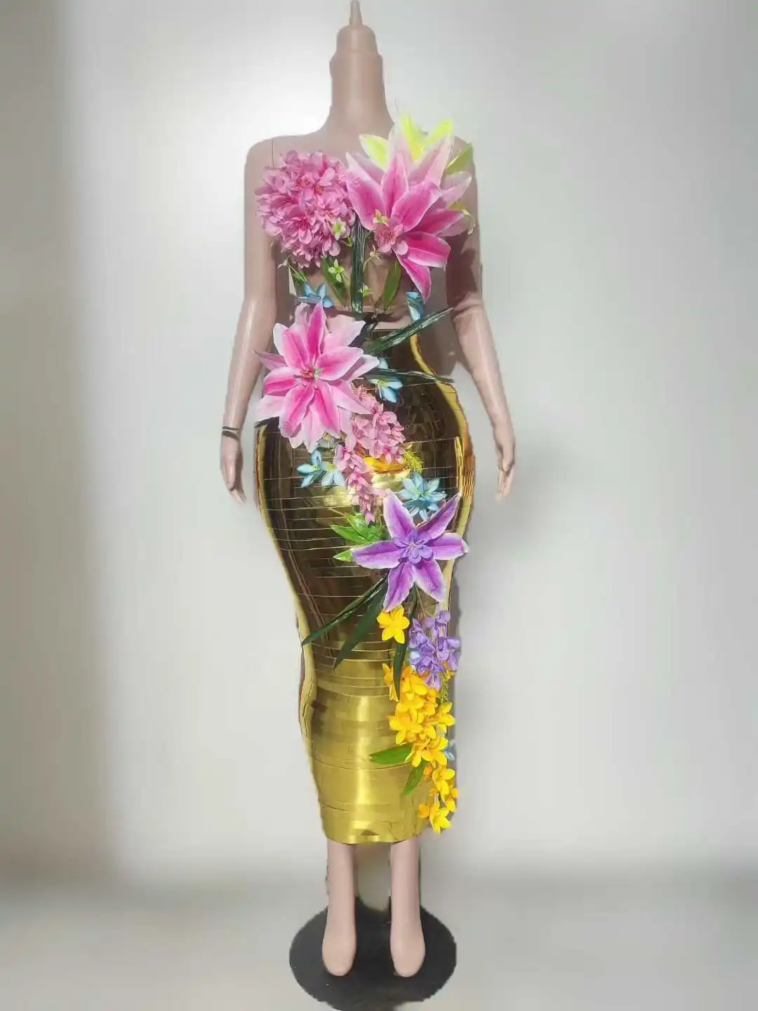 

Gold Dress Set Flower Sequined Stunning Performance Elegant Singer Night Club Wears For Women Diantihua