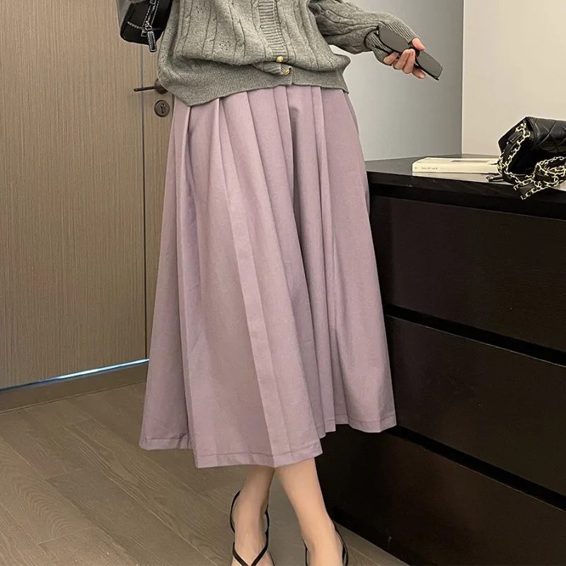 

Summer Elastic High Waist Loose Casual Skirt Vintage Solid Pleated Long Skirts High Waist Korean Casual Umbrella Skirts Female