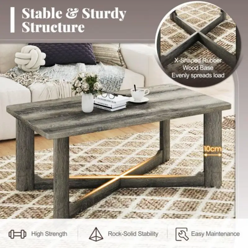 

Rectangle Coffee Table Rubber Wood Base with X-Shaped Base-Gray