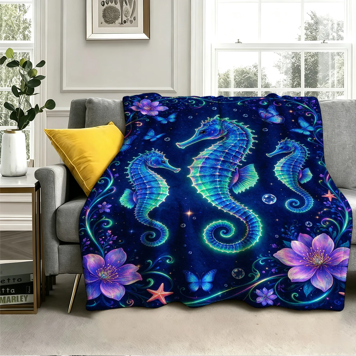 Neon Blue Green Seahorse Flannel Blanket Warm Soft Halloween Christmas Decorative Couch Warm Cozy All-Season Gift