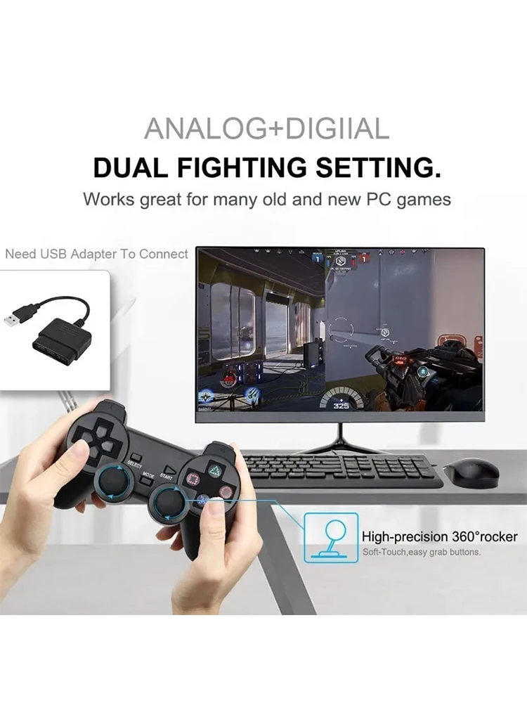 Bezprzewodowy gamepad do PS2/PS1, kontroler 2.4G z wibracjami do konsoli Playstation 2, joystick Double Shock, kontroler USB do gier PC. — 2