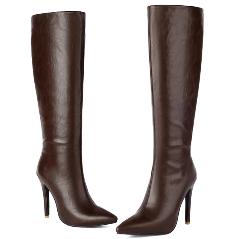 Women\'s Knee High Boots Sexy Point toe Winter Shoes Black Brown Heeled Long Boot Ladies Party Footwear Shoes Large Size 45 48