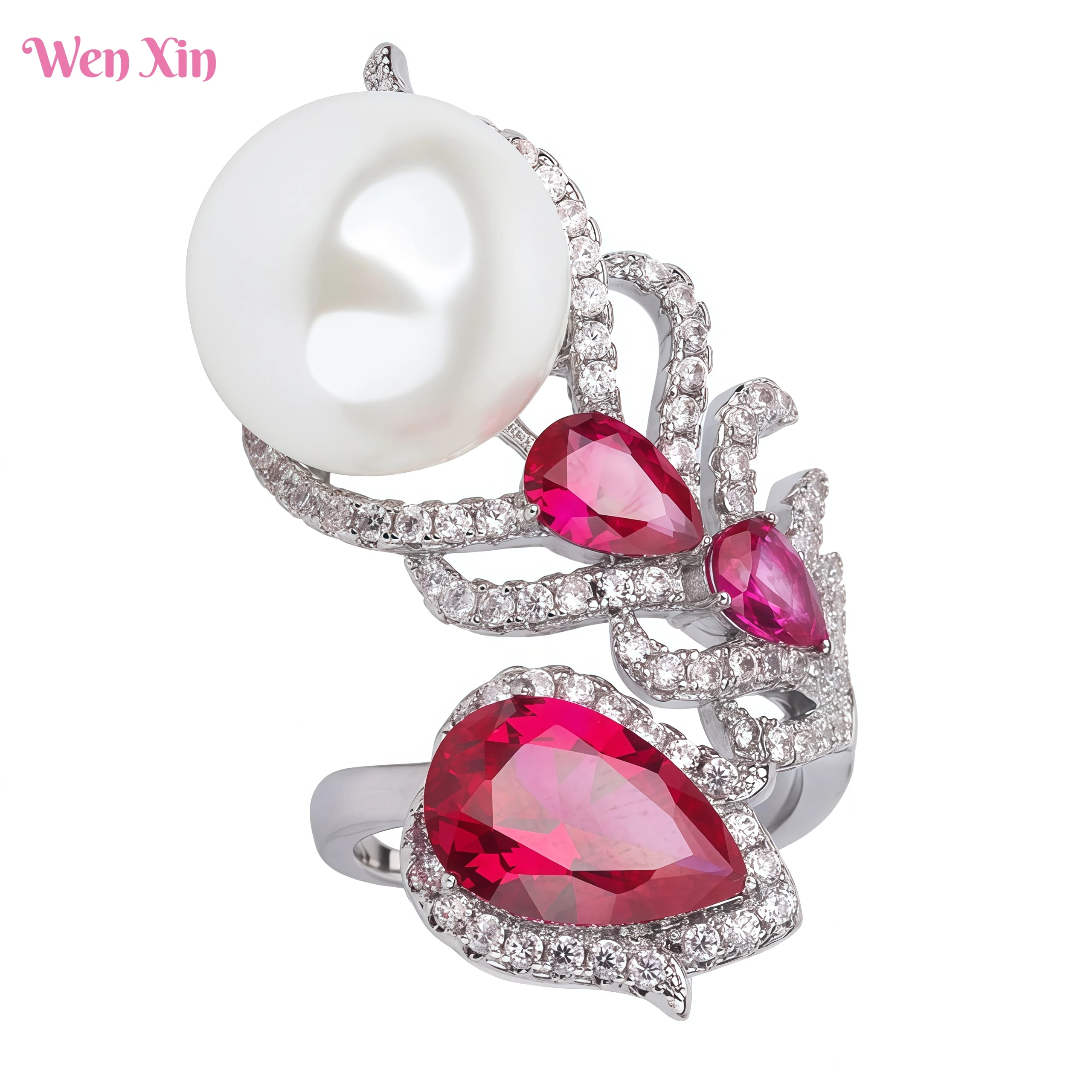 

WENXIN Brand High Luxury Brand Designer Copper Plated New Style Simulated Feather Hollow Diamond Inlaid Ring Women's Ring