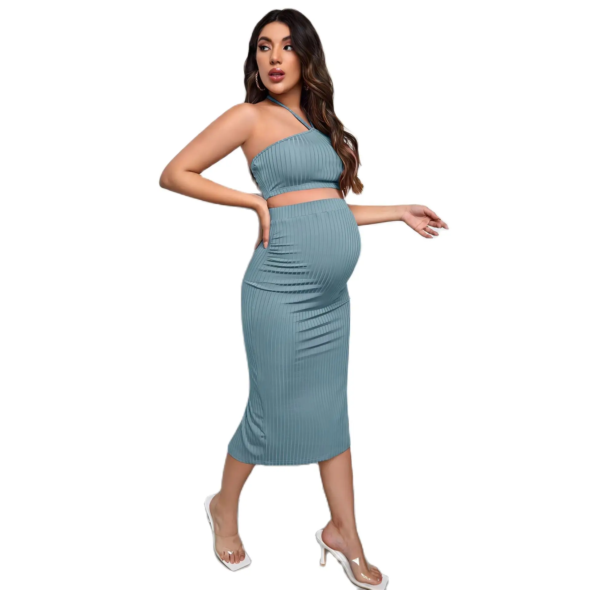 New Maternity Two Pieces Skirt Set Summer 2023 Pregnant Women Twinset Suit Sexy Halter Cropped Top+Skirt Premama Outfits Clothes