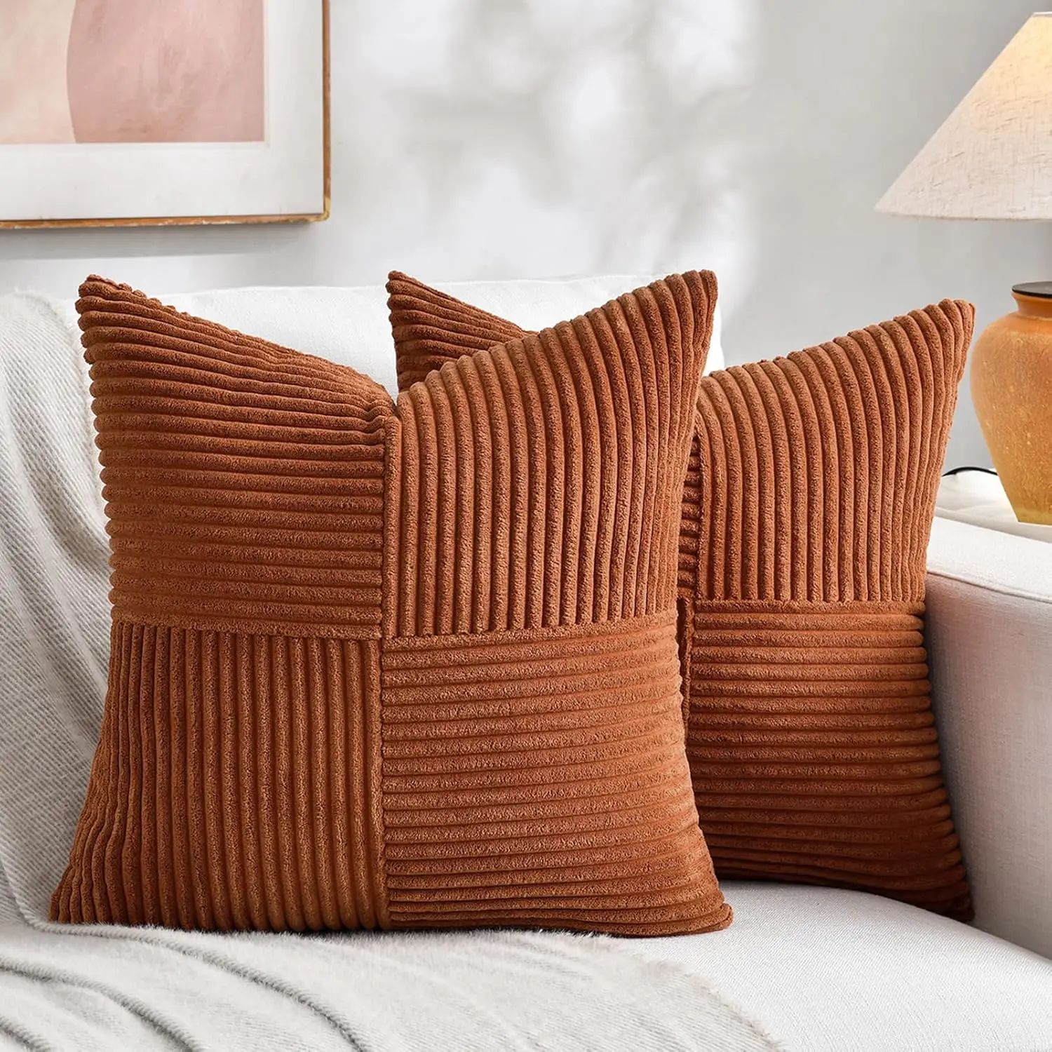 

Homi 2 Packs Rust Boho Decorative Throw Pillow Covers 18x18 Inch for Couch Bed Sofa, Farmhouse Fall Home Decor, Soft Corss Cordu
