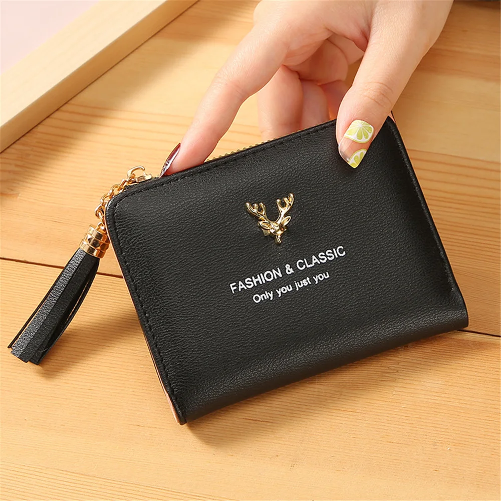 Fashion Classic Elk Wallet Trendy Two-fold Short Zipper Purses for Women PU Leather Coin Purse Card Holder Girls Christmas Gift