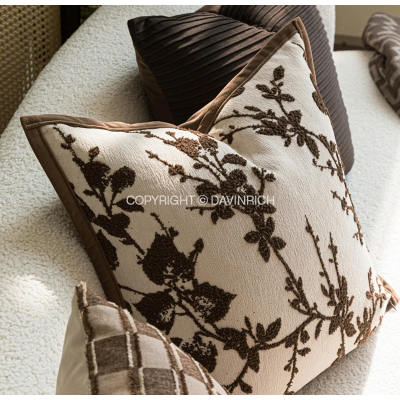 DAVINRICH Southern French Style Decorative Cushion Cover Dark Brown Floral Branch Embroidery Pillow Case 45x45cm Chic Home Decor
