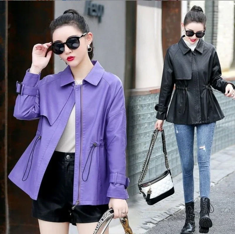 M-4XL New Women Sheepskin Trench Coat Spring Autumn Fashion Turn Down Collar Long-sleeve Drawstring Loose Leather Jacket Female