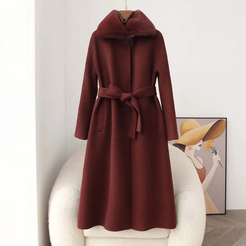 

Высококачественное двустороннее шерстяное пальто с норковым воротником, тонкое темпераментное шерстяное пальто для женщин, длинное осенне-зимнее пальто 2023 г.