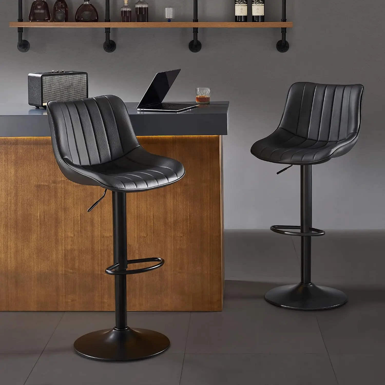 Bar Stools Set of 2,Swivel Counter Height Bar Stools, Adjustable PU Leather Bar Chairs with Back and Footrest, Modern Armless