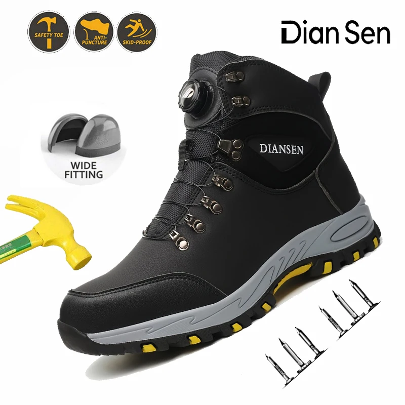

Mens Safety Boots Rotary Button High Top Waterproof Anti-Puncture Rubber Sole Slip Resistant Indestructible Shoes for Work 36-46