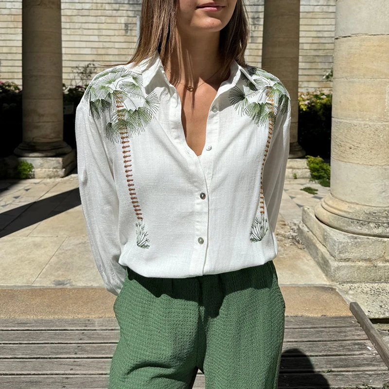 

Summer New Lady Commuting Outfit Fashion Plant Printed Casual Long Sleeve Shirts+Pants Suits Beach Vacation Loose Two Piece Sets