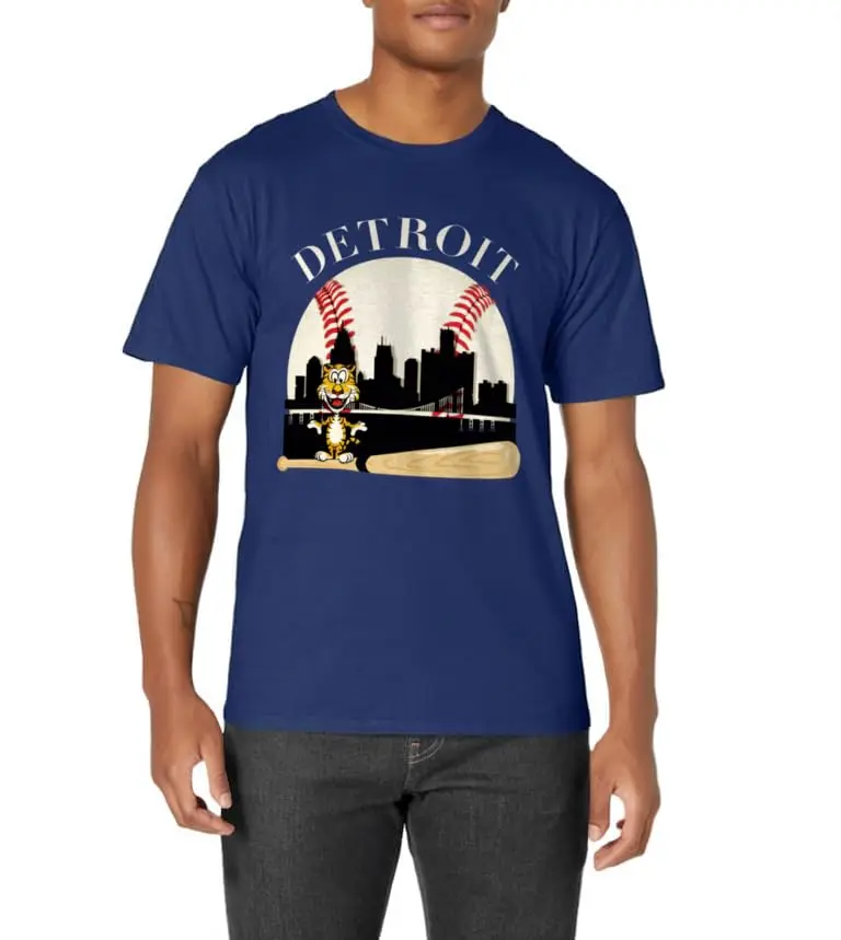 Detroit Baseball Tshirt Tiger Mascot and Skyline Classic Logo T Shirt and Stickers, Unisex Adult T Shirt Collection