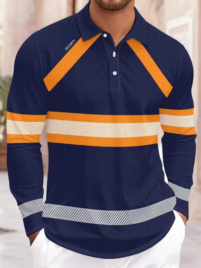 2026 autumn and winter new fashion trend men's long sleeved POIO shirt, striped patchwork printed flip tie button men's top