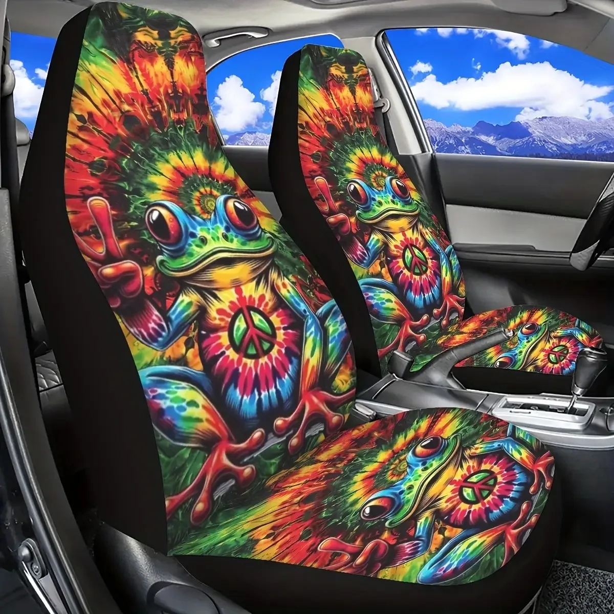 2pcs Peace Frog Car Seat Covers - Vibrant Tropical Frog Print, Washable & Easy To Install, Fit For Cars, SUVs, Trucks, Sedans -