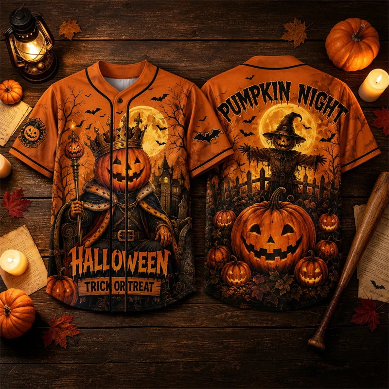 Pumpkin Scarecrow Halloween Baseball Jersey Unisex  3D Full Print Button‑Up Men Breathable Tops Trick Or Treat Holiday Costume