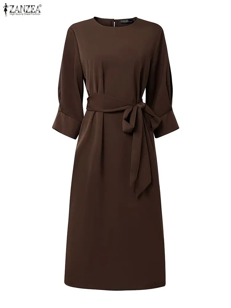 2025 ZANZEA قميص نسائي أنيق Vestidos الخريف 3/4 كم مربوط فستان الشمس للحفلات موضة رقبة مستديرة فساتين متوسطة الطول عادية الصلبة