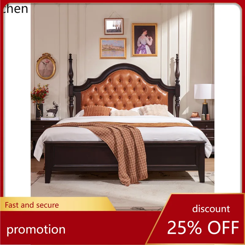 ZML Solid Wood Bed Genuine Leather Double Bed Vintage Master Bedroom Upholstered Large Bed