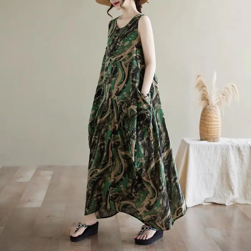 Abito estivo da donna con stampa etnica vintage - Abito maxi senza maniche snellente oversize dalla vestibilità ampia, abbigliamento da spiaggia Boho casual G921