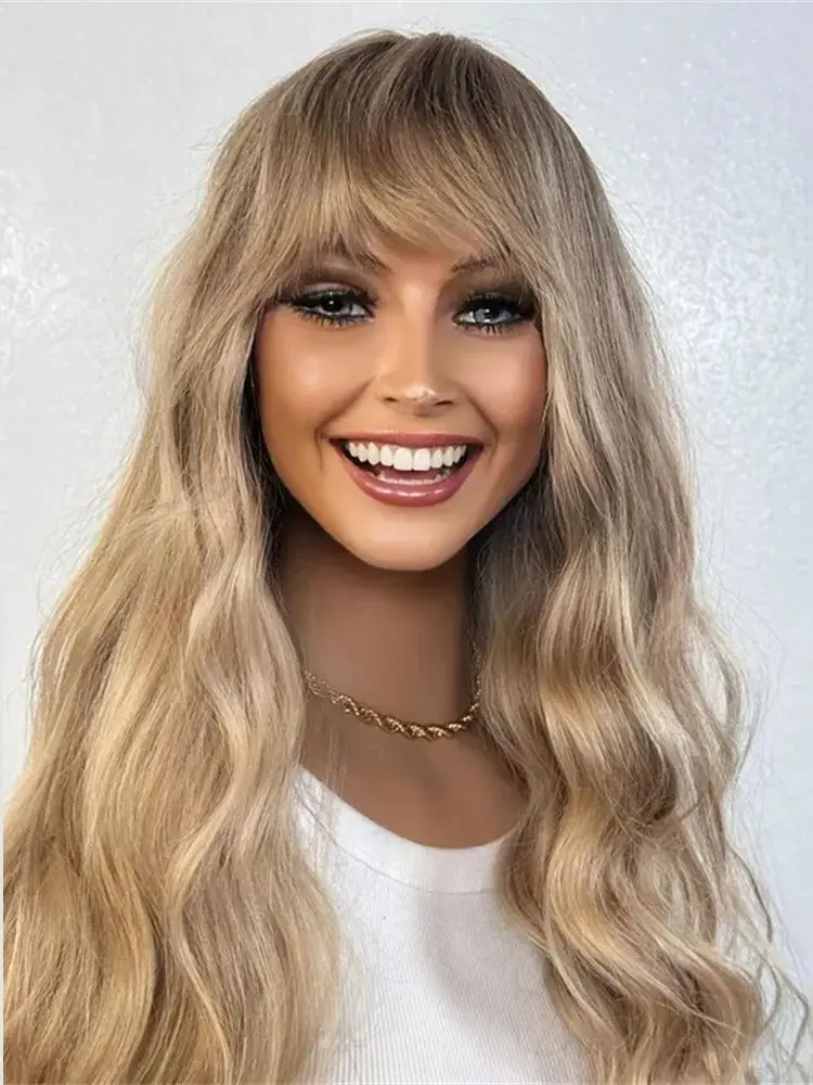 

Natural Blonde Balayage Soft Shaded Roots with Full Fringe Bangs Blend Human Hair HD Invisible Lace Front Wig for Women 28 Inch