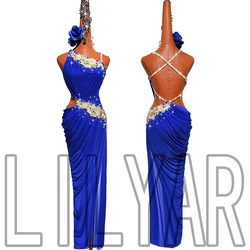 New Latin Dance Competition Performance Adult Female Sapphire Blue Long Gold Embroidered Sleeveless Backless Dance Dress