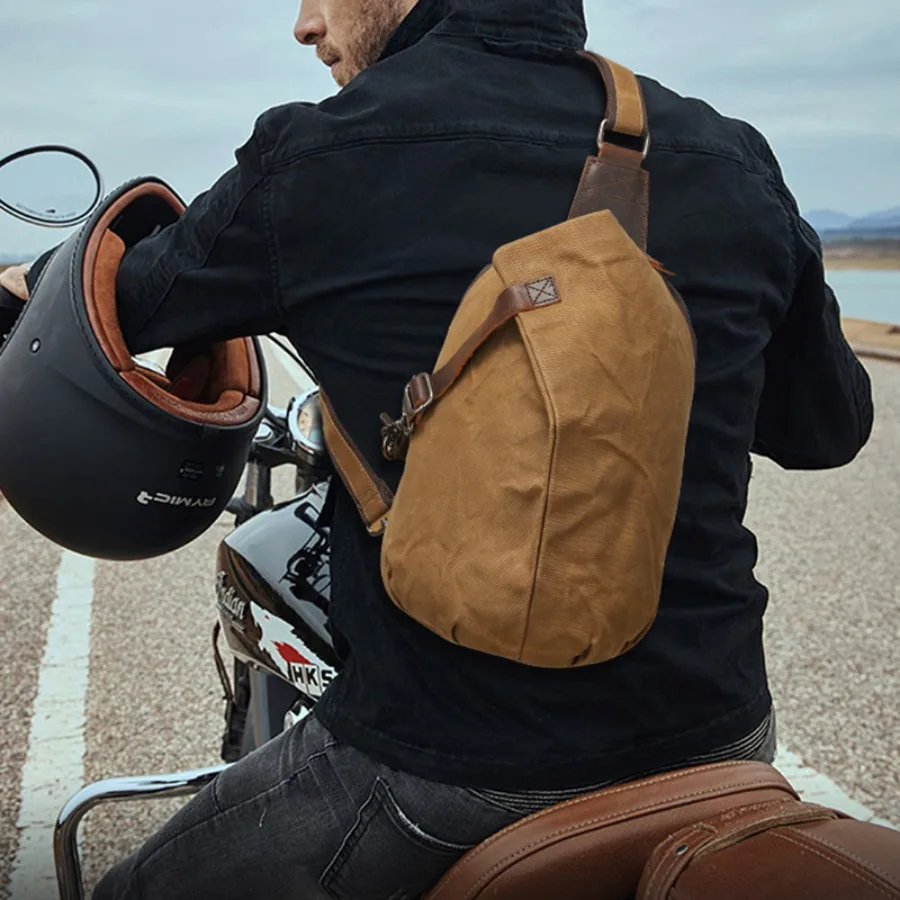 

【Spot goods】's hot wax canvas chest bag new men's travel bags oblique straddle head layer cow leather bags overflow bags direc