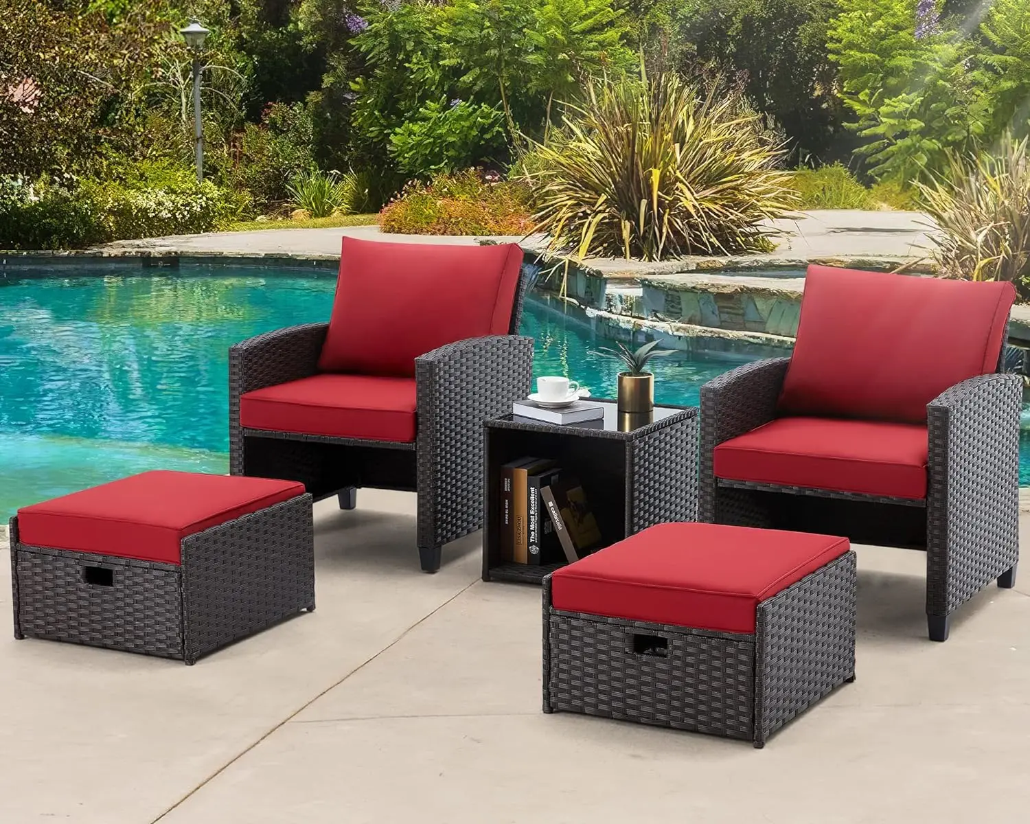 5Pcs Patio Set, Wicker Outdoor Sectional with Cushions, Includes Coffe Table and Ottomans, Furniture for Pool, Garden, Patio