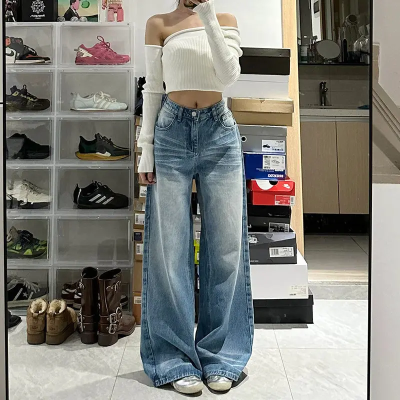 

Retro Washed High Waist Wide Leg Jeans Women2025Autumn New Hot Girl Loose Distressed Drooping Straight Pants