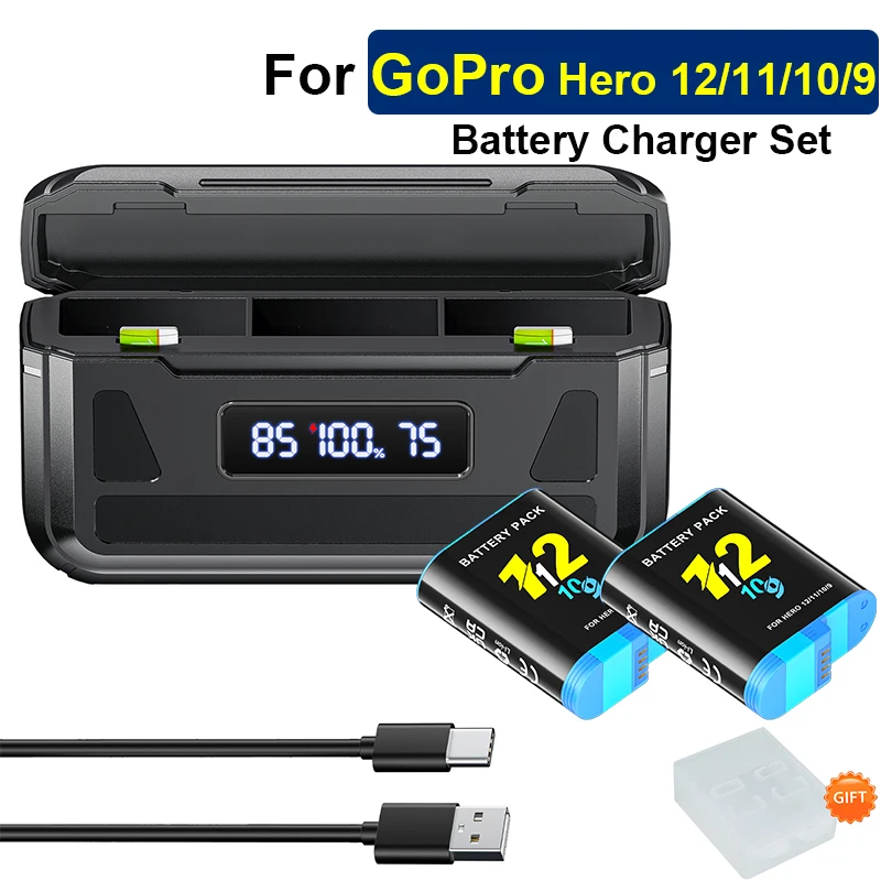Batería de 2000mAh para GoPro Hero 12 11 10 9 Batería de cámara 3 ranuras Caja de cargador de almacenamiento de batería de tarjeta TF para Gopro 12 Accesorios de batería recargable