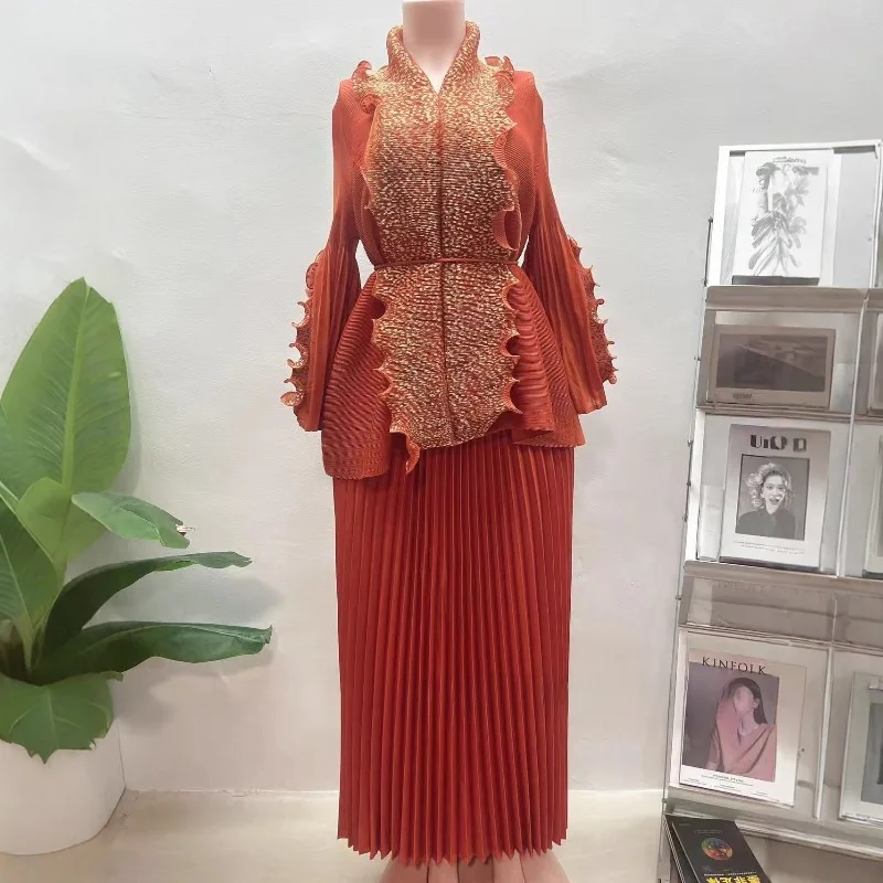 

Miyake блузка с длинными рукавами и складками, Новое поступление, плиссированная эластичная юбка, комплект, европейская элегантная изящная профессиональная одежда