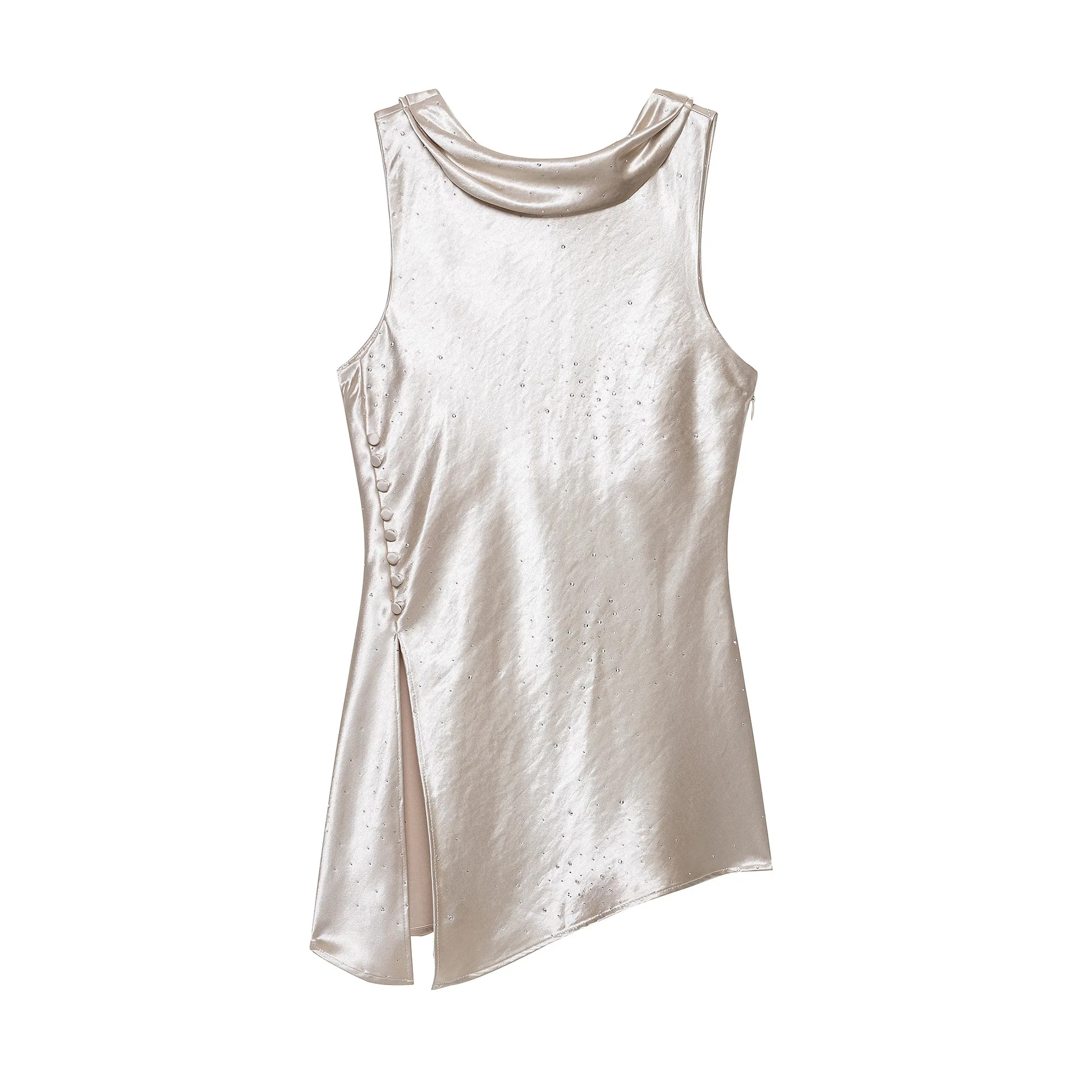 2026 new asymmetrical hot diamond sleeveless silk satin texture top + hot diamond fashion bright texture wide-leg pants