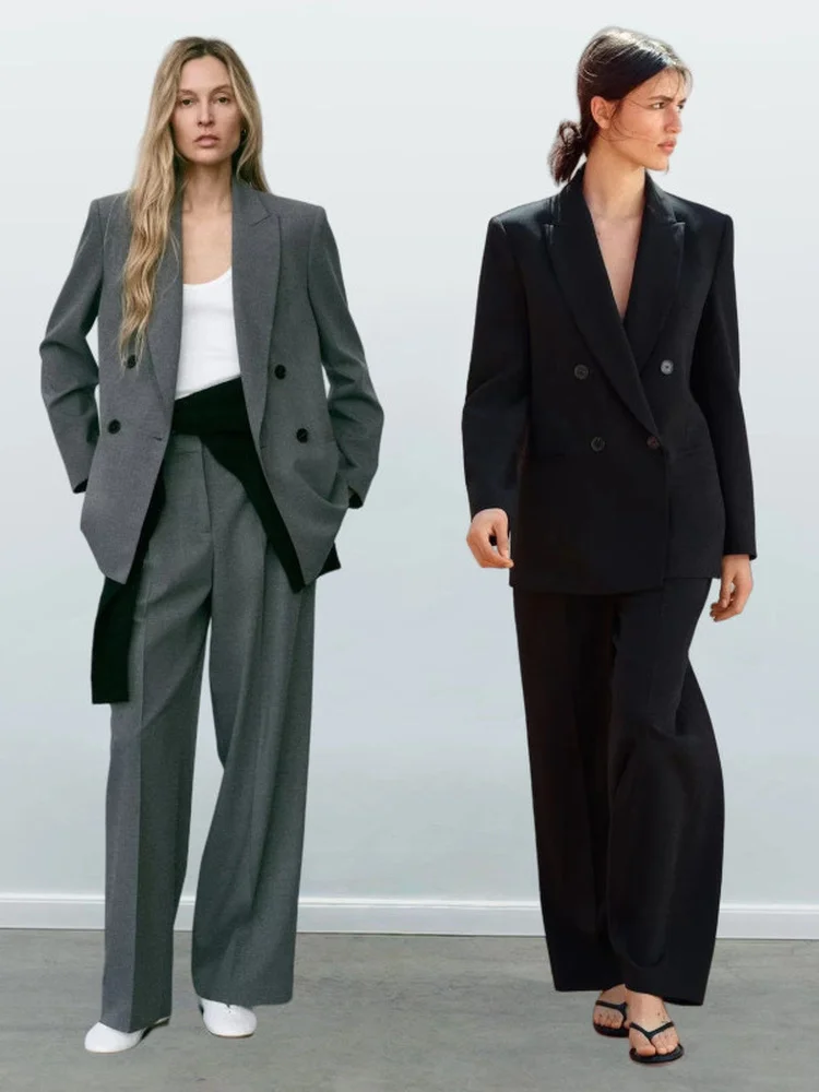 Conjunto de terno feminino com almofadas de ombro botões de fileira dupla gola virada para baixo mais calças compridas conjunto de roupas de trabalho Faionable