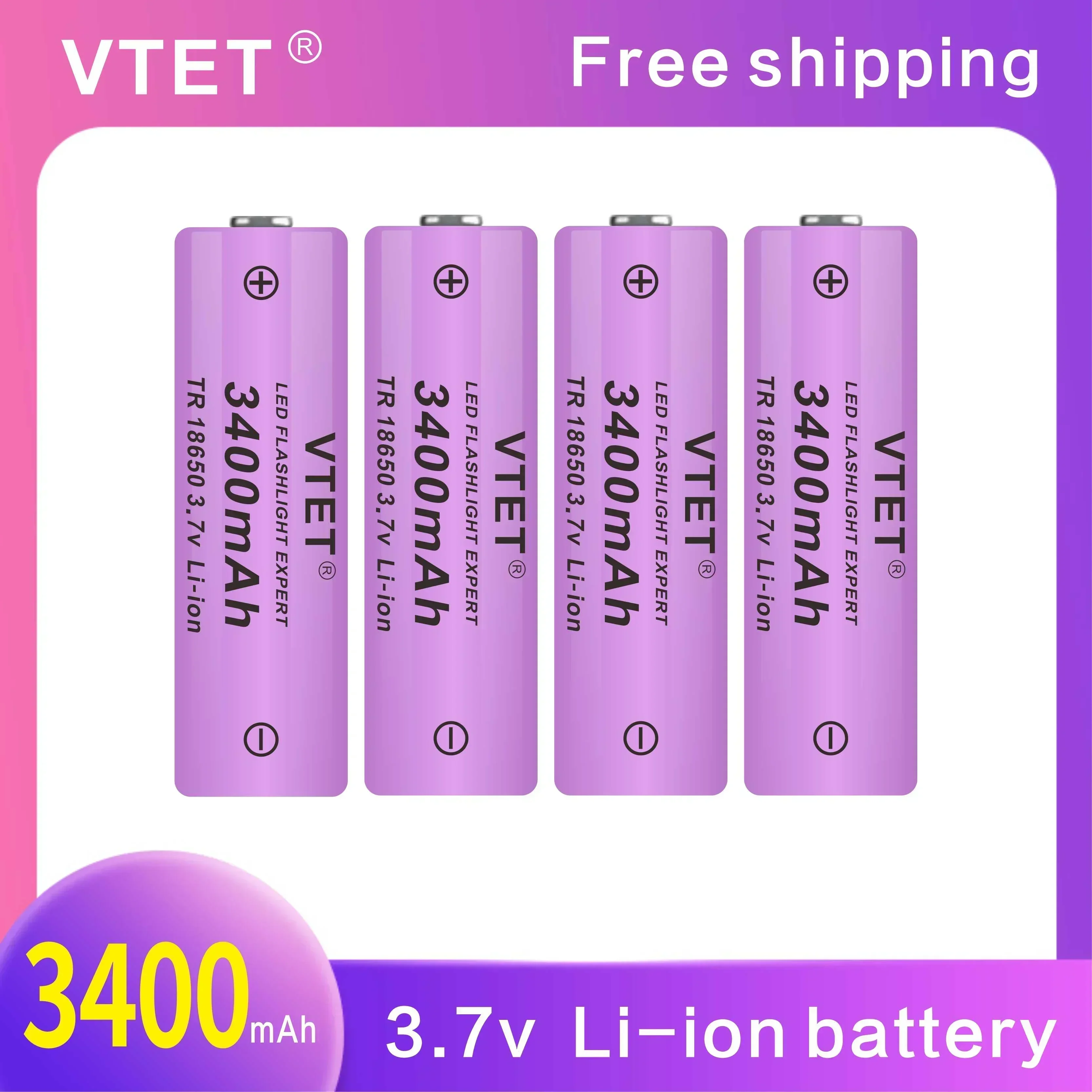 2024VTET New 3.7V 3400mAh Rechargeable Lithium ion High Quality LED Flashlight Battery Reusable 18650Battery DIY Toy Fan Battery