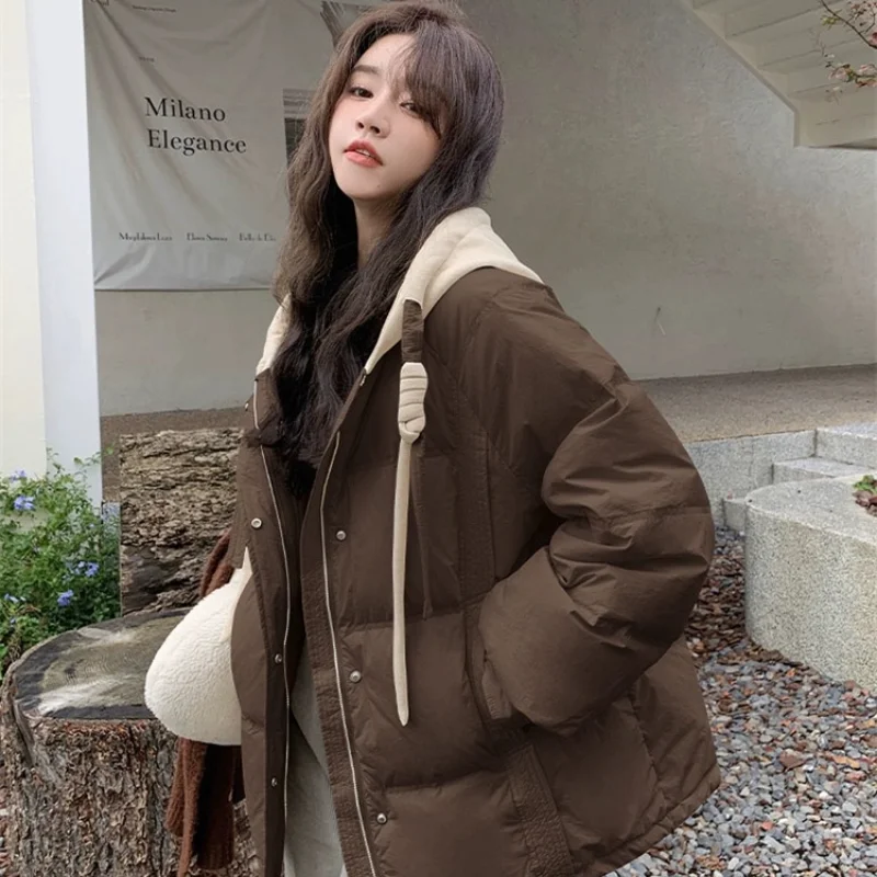 Short Puffer Coats Hooded Jackets for Women Korean Fashion Down Jacket Hat Tie Color Blocking Bread Clothe Casual Coats Down