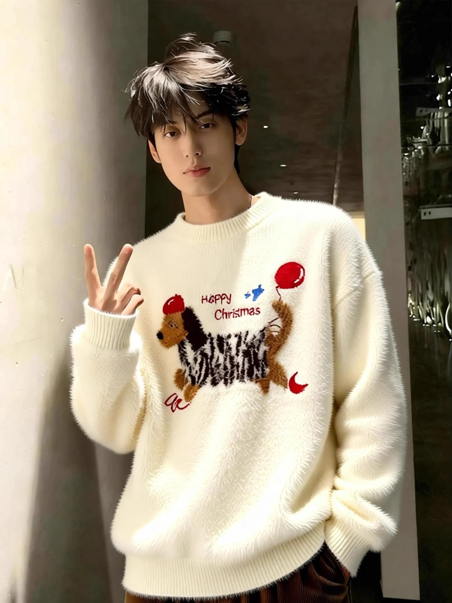 

American Sle round Ne Knitted Sweater hair Dog Pattern Soft Polyester Fiber Men's Winter Warm Inner irt Base Layer