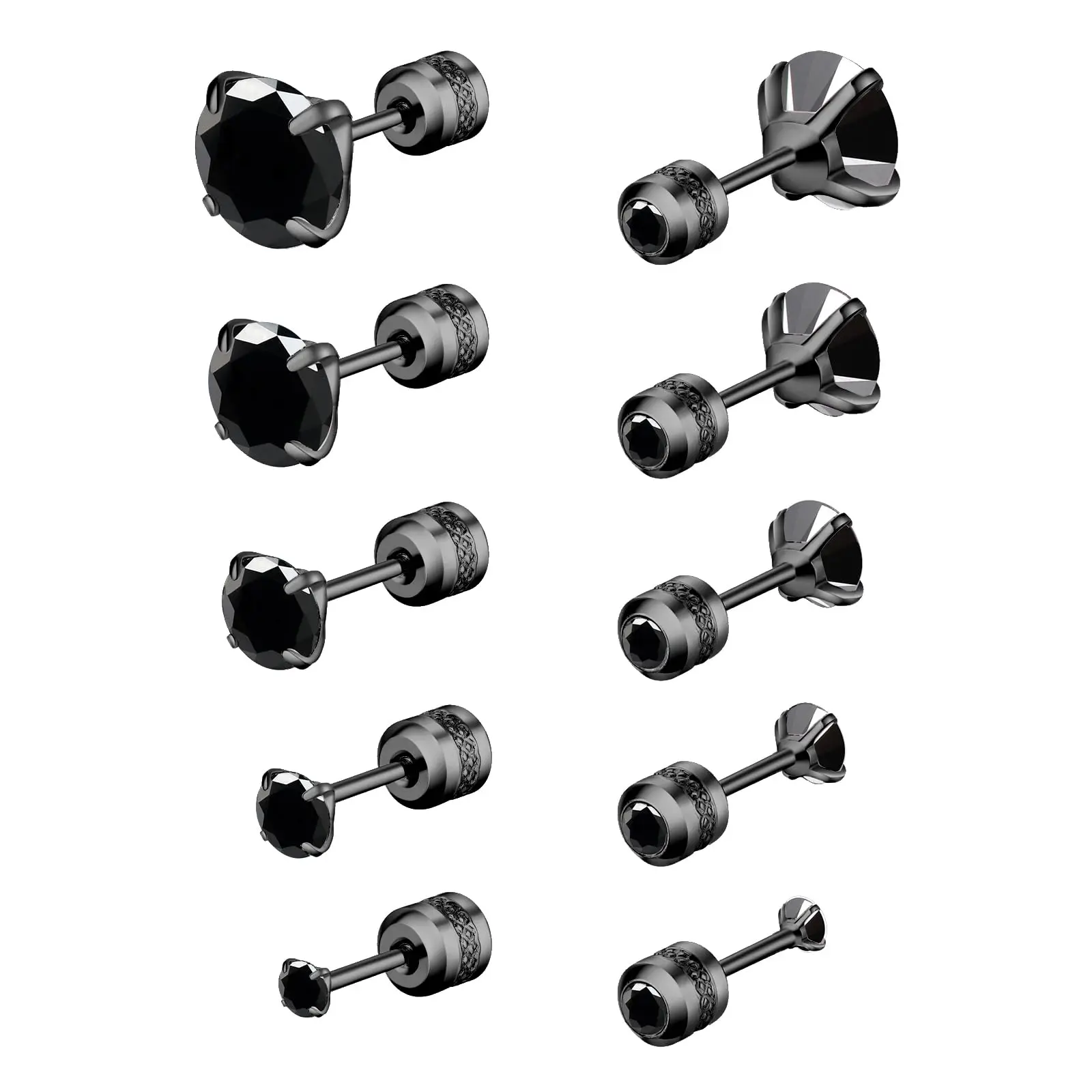 

5 Pairs Hypoallergenic Stainless Steel Black Cubic Zirconia Double Side Screw Back Piercing Stud Earring for Women Men 2-6mm