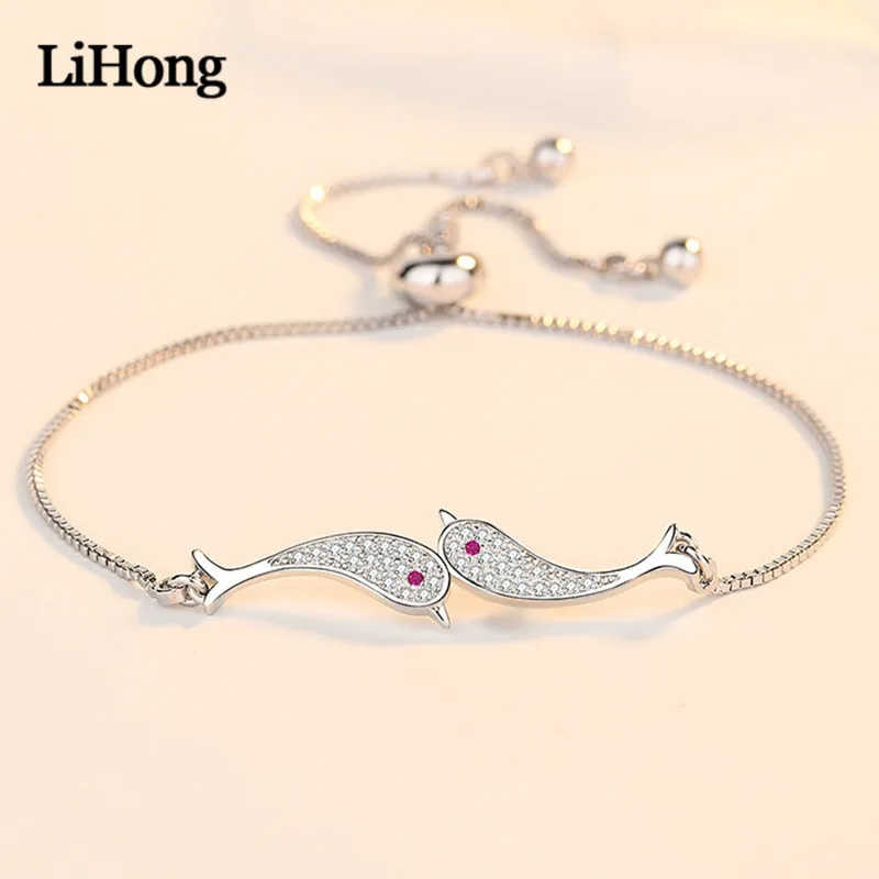 925 Sterling Silver Bracelet Dolphin Zircon Crystal Adjustable Bracelet Feminine Charm Jewelry