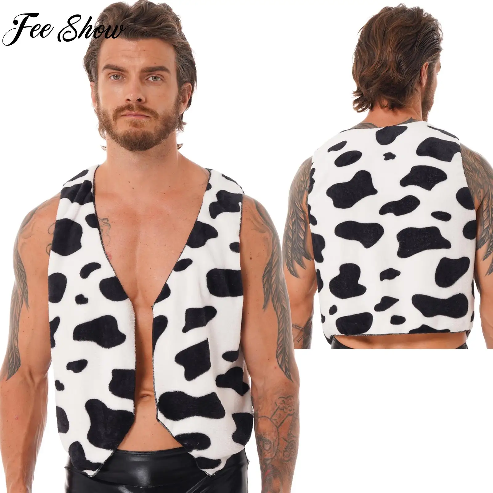 

Men Halloween Cosplay Costume Cow Print Vest Sleeveless Open Front Flannel Short Waistcoat Vintage Hippie Costume Vest Dress Up