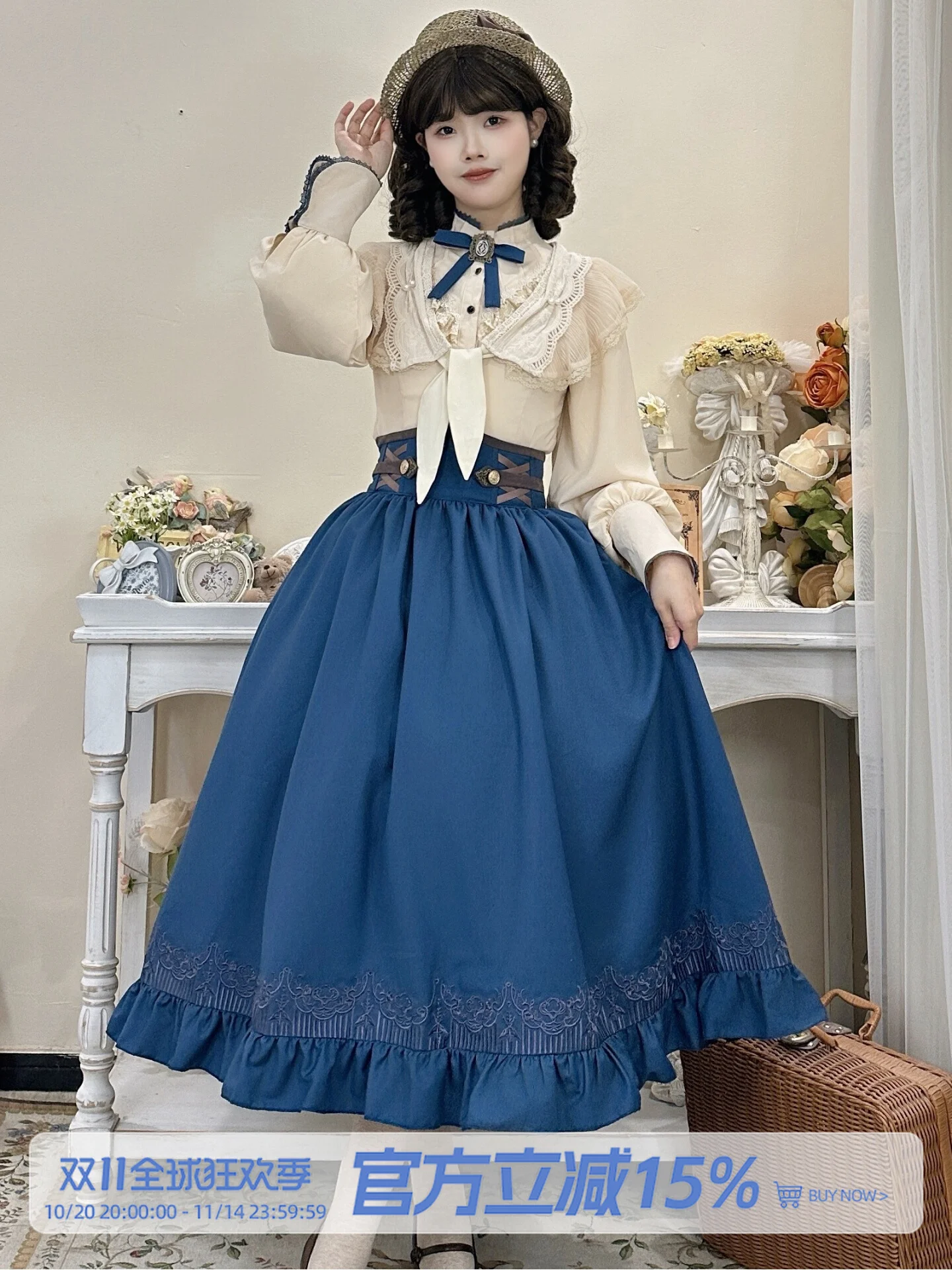 MAGOGO Japanese Court Vintage Style Shirt Shawl Skirt Sets Women Elegant Victorian Long Sleeve Shirt High Wiast Blue Skirt Shawl
