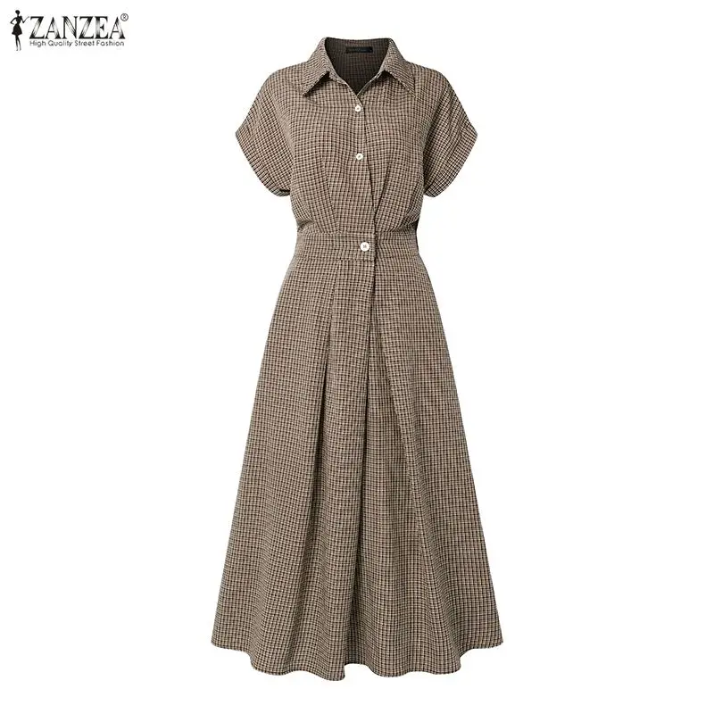 ZANZEA Women Fashion Maxi Shirtdress Turn-Down Collar Short Sleeve Half Button A-Line Dress Loose Elastic Waist Vestidos S-2XL