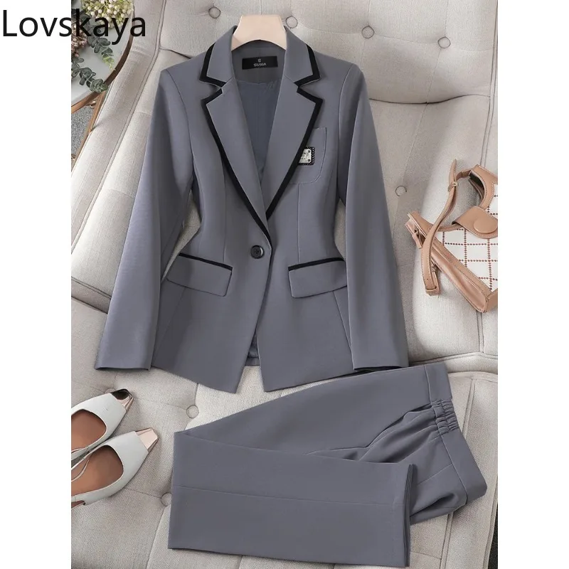 Blazer and Trouser Set for Women, Formal Pant Suit for Office Ladies, Autumn and Winter Fashion, Gray, Black, Apricot