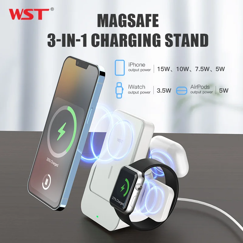 

WST 10000 мАч Power Bank Magsafe 3 в 1 Power Bank Магнитный 18 Вт Беспроводная зарядка подставка для iPhone Apple Watch AirPods