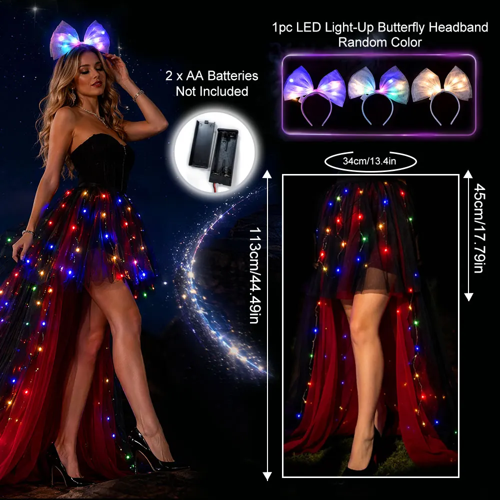 Black‑Red Princess Tulle Dress, Multi‑Color LED Light‑Up W/ LED Butterfly Headband, Sparkly Stretchy Elegant All‑Season Party Outfit, Home, Holiday & Gathering Party Supplies, Glow‑in‑the‑Dark Party Props, for Wedding, Prom, Night Out & Theme Party, Women