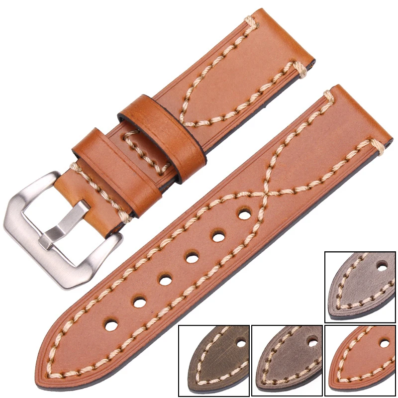 

Handmade Genuine Leather Watch Band Strap 22mm 24mm Men Women Black Brown Green Gray Thick Watchband Stainless Steel Pin Buckle