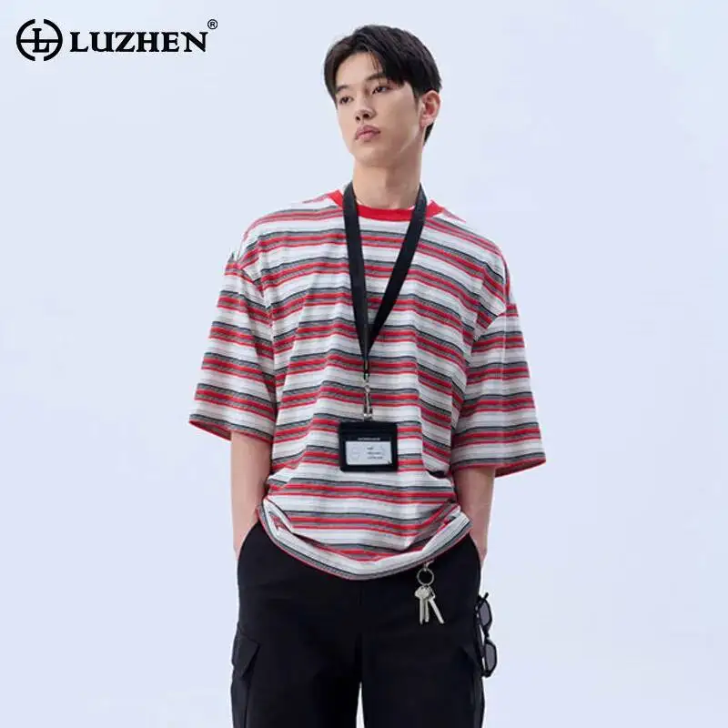 LUZHEN 2026 New Stripe Printed Loose Simple Short Sleeve T-shirts Men's Korean Fashion Handsome Casual Male Tops Clothes JY7804