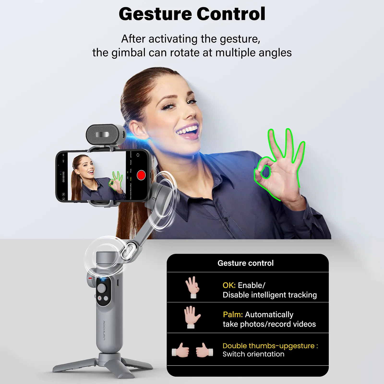 AOCHUAN Xpro AI Smartphone Gimbal Stabilizer 3-axis Stabilizer for iPhone&Android AI Tracking Sensor Phone Gimbal w/OLED Screen