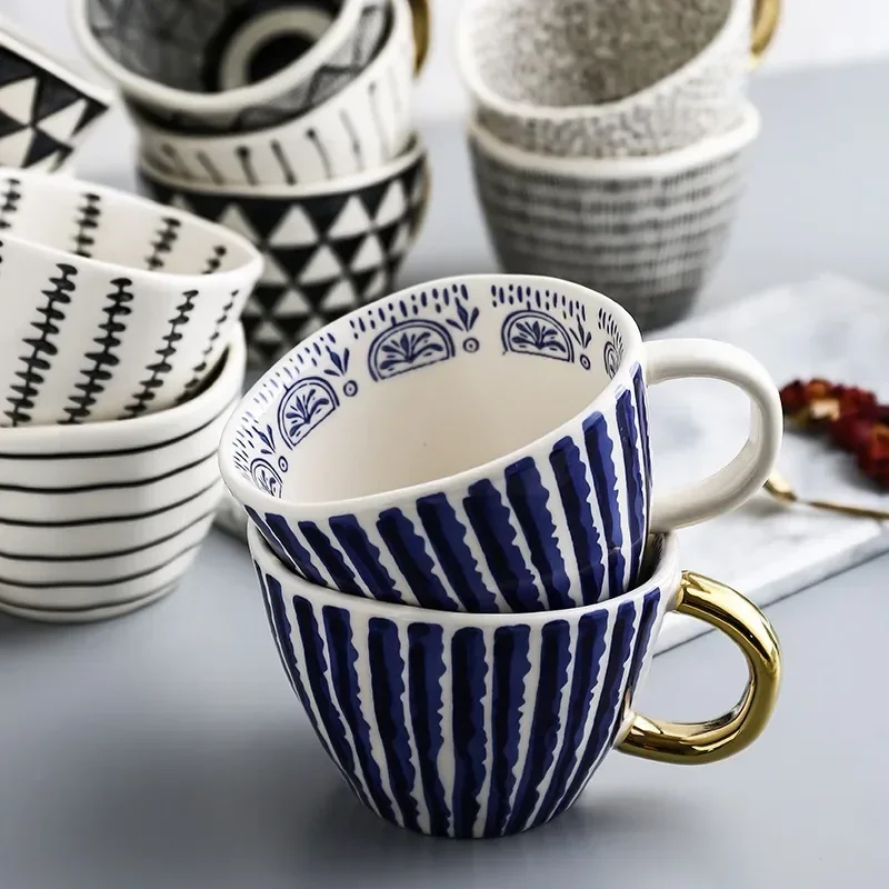 Hand Painted Geometric Ceramic Mugs With Gold Handle Handmade Irregular Cups For Coffee Tea Milk Oatmeal Creative Birthday Gifts
