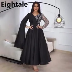 Eightale Tea Length Black A Line Satin Arabic Evening Dress 2022 Lace Sequined Dubai Women Formal Kaftan Party Gown